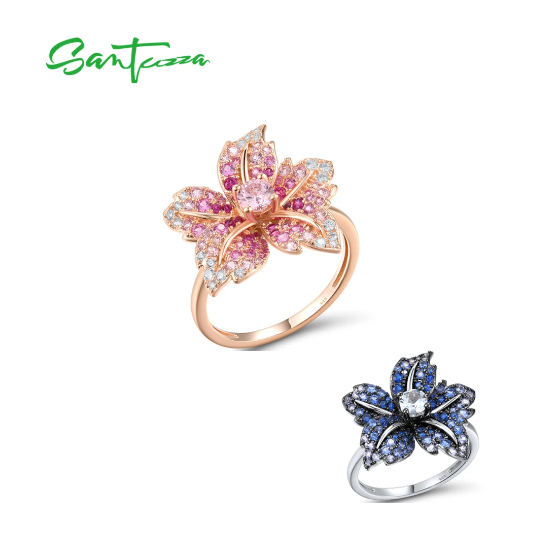 SANTUZZA Genuine 925 Sterling Silver Ring For Women Sparkling Blue Pink Stone White CZ Lily Flower Luxury Wedding  Fine Jewelry