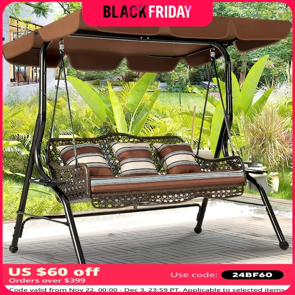 3-Seat Proch Swing Chair, Patio Swing with Canopy, 2 Side Trays, 3 Pillows & Removable Cushion, Patio Wicker Swings