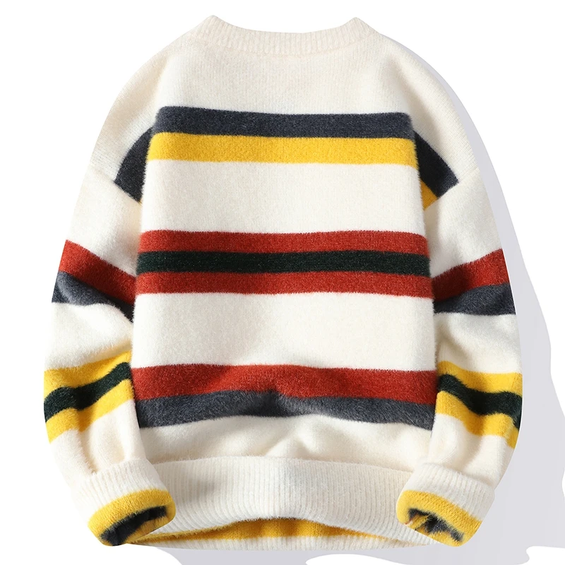 2023 New Winter High End Luxury Mink Cashmere Sweater Men Soft Comfortable Mens Pullover Sweaters Keep Warm Striped Pull Homme