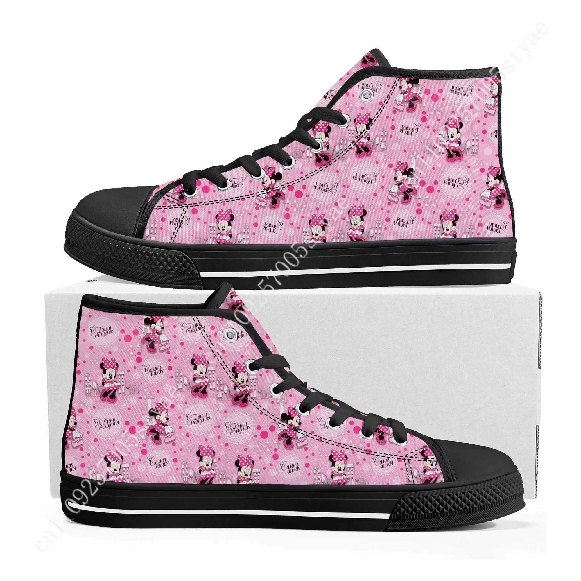รองเท้าผ้าใบหุ้มข้อสูงลายมินนี่เมาส์ ดิสนีย์ การ์ตูนภาพยนตร์ ตกแต่งรองเท้าด้วยตัวเอง ออกแบบรองเท้าสำหรับงานปาร์ตี้ ของขวัญวันหยุด รองเท้าสั่งทำพิเศษ