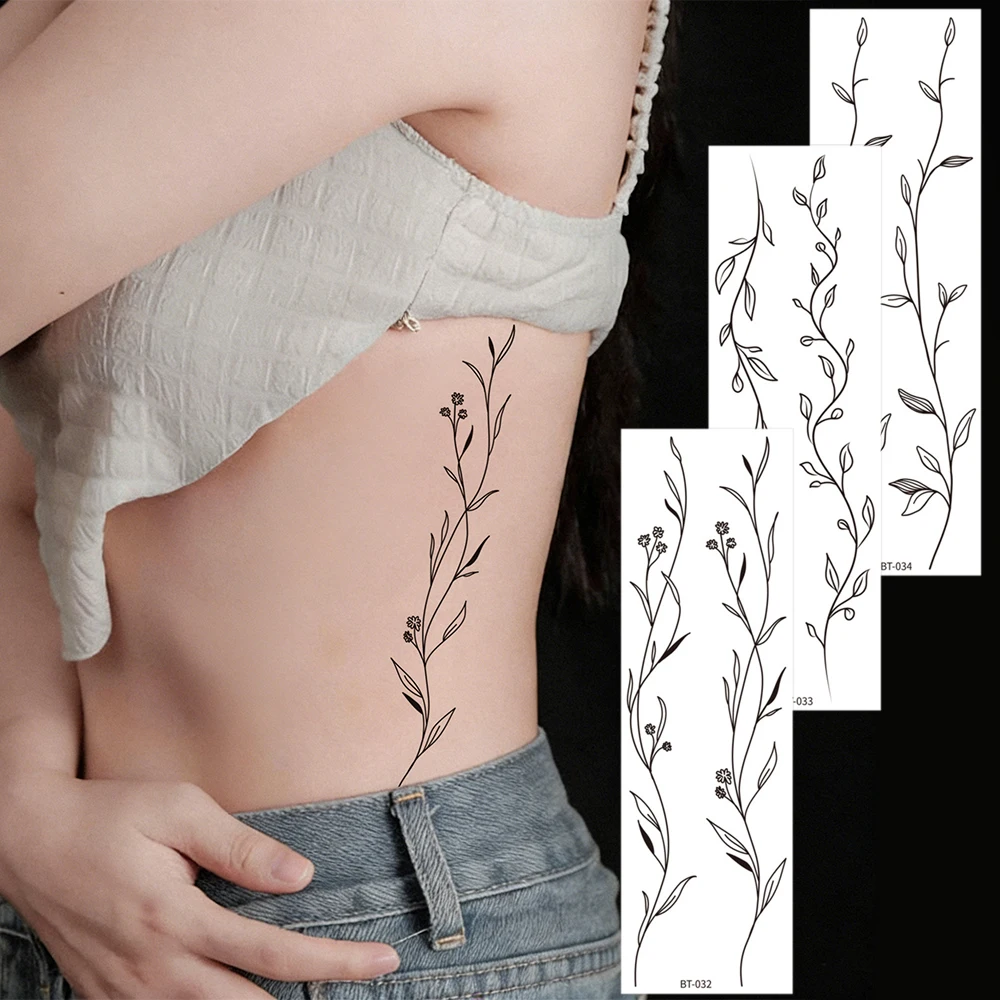 

1 лист черной наклейки-тату с цветами и листьями, временные татуировки для рук, ног, тела, водостойкие, имитация тату для женщин