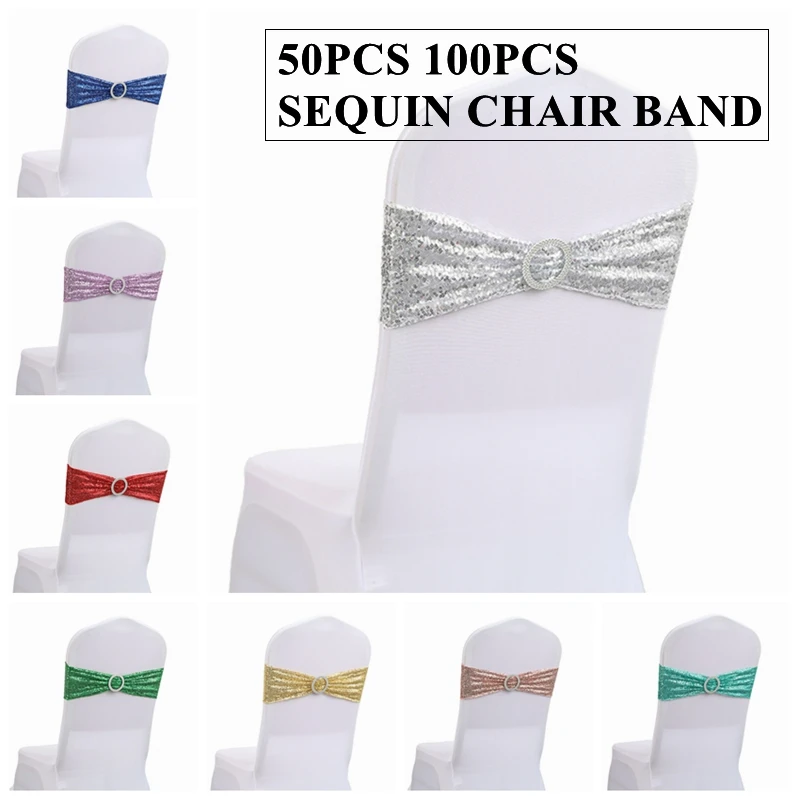 

50pcs 100pcs Back Sequin Lycra Spandex Chair Band Sash Bow For White Cover Wedding Banquet Event Decoration