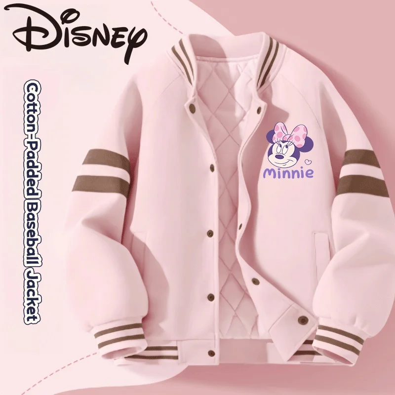 Kurtka baseballowa dla dziewczynek Disney, ocieplana bawełną, różowa, wzór Minnie, wiatroodporna odzież wierzchnia, jesienno-zimowa kurtka odporna na zimno.