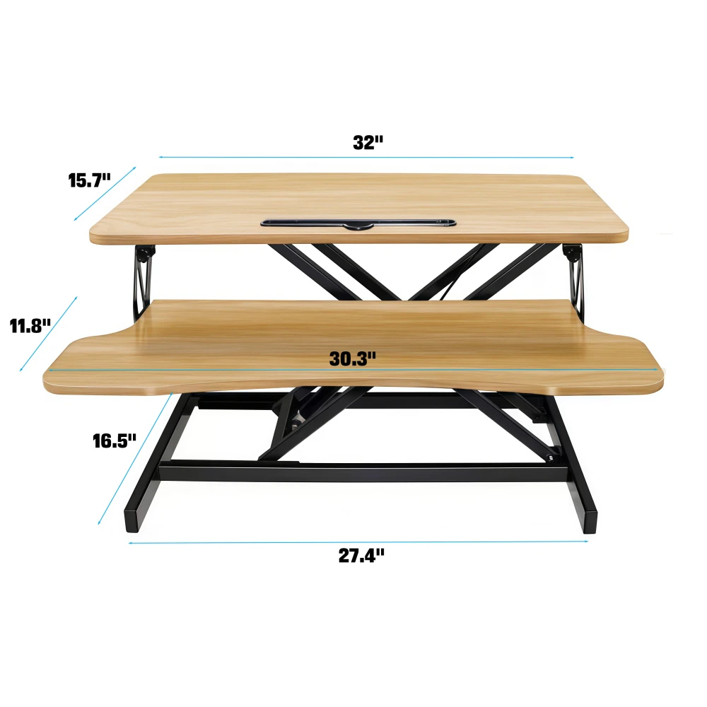 32 Inch Adjustable Sit-Stand Desk Converter: Dual Monitor/Laptop, Wide Keyboard Tray, Natural Color