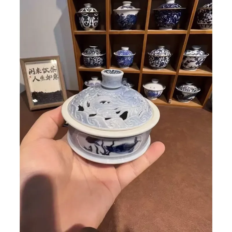 Hand Carved Dragon Hollow Jingdezhen Blue White Crystal Incense Stove Hand Painted Fish Algae Pattern Chinese Antique