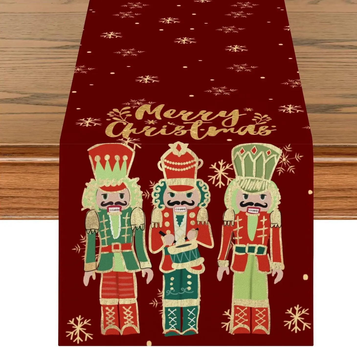 Merry Christmas Nutcracker Linen Table Runner Holiday Party Decor Winter Snowflakes Dining Table Runners Christmas Decorations