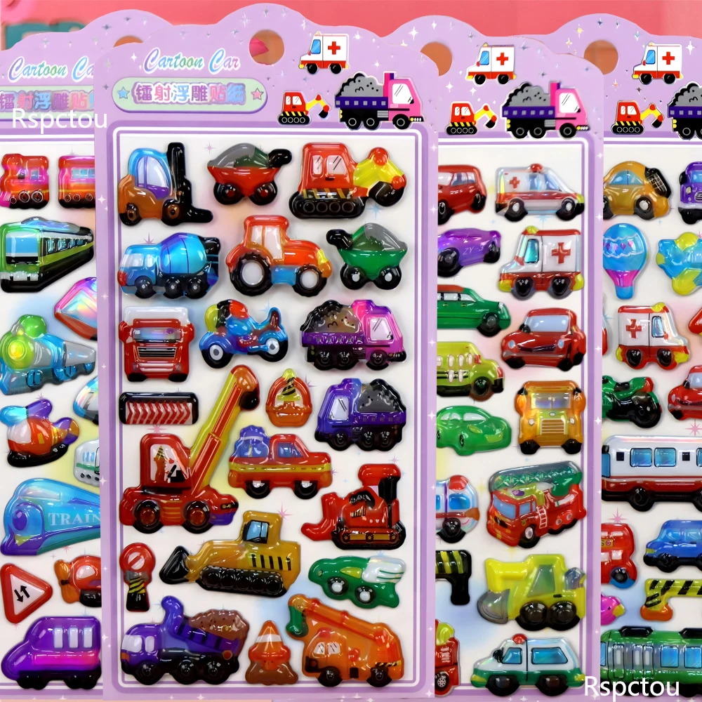 4pcs Cartoon Car Transport Vehicles Laser Relief Stickers DIY Scrapbook Laptop Phone Funny Creative Decals Decoration Supplies