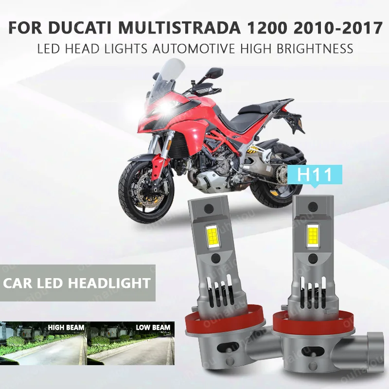 2Pcs Canbus H11 H8 H9 Motorcycle LED Headlight High/Low Bulbs For Ducati Multistrada 1200 2010-2017 16PCS CSP Chips White