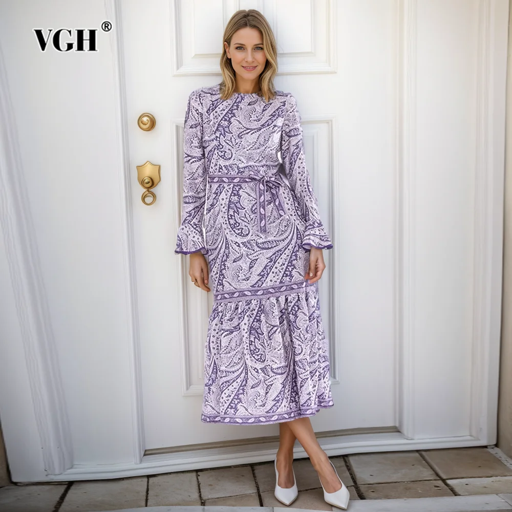 

VGH Elegant Printing Dresses For Women Round Neck Flare Sleevel High Waist Patchwork Lace Up Casual A Line Dress Female Clothing