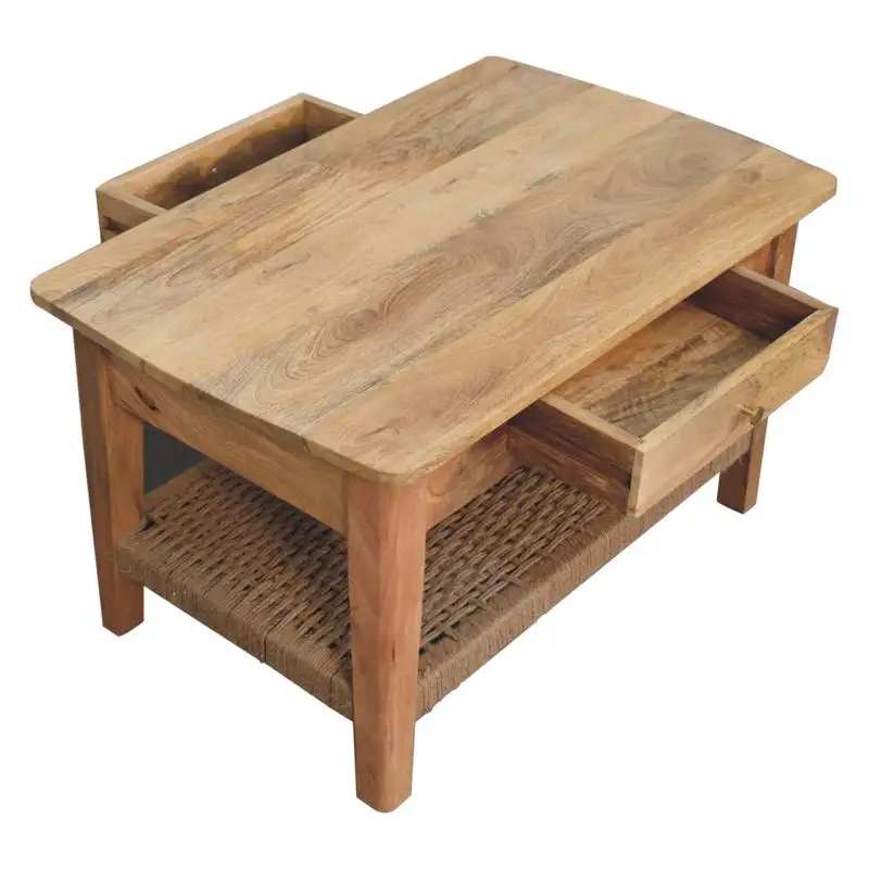 طاولة قهوة من الخشب الصلب مع درج واحد ولمسات حبل