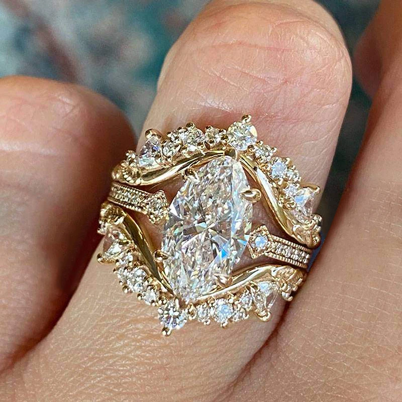 Huitan Wunderschöner Marquise-Schliff-Ring für Frauen, 3 Teil/Set, elegante Accessoires, weiblicher Luxus-Fingerschmuck für Hochzeitszeremonie, Party