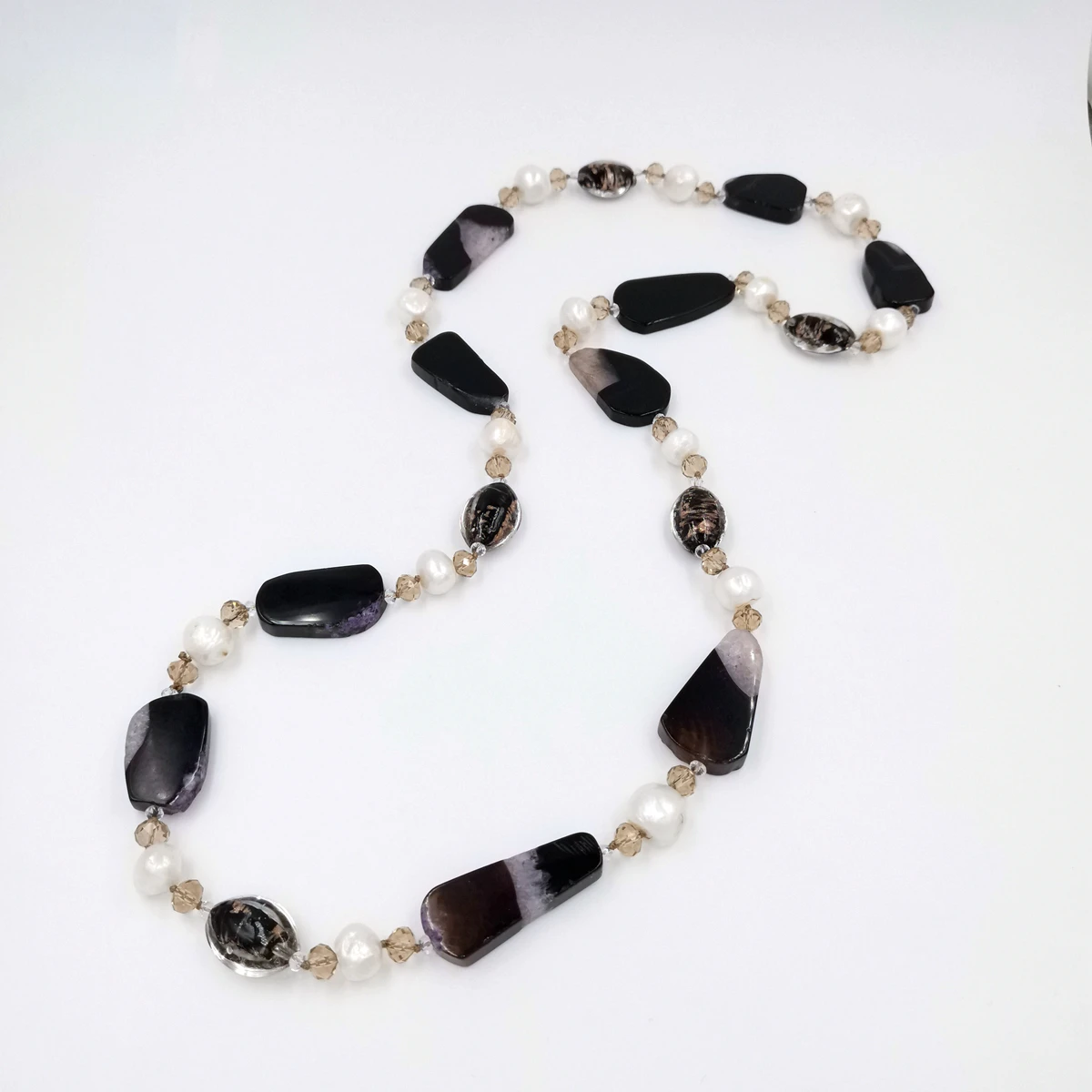 Lii Ji Real Stone Black White Color Women Long Necklace  100cm  96cm Agates Crystal Pearl Stock Sale Jewelry