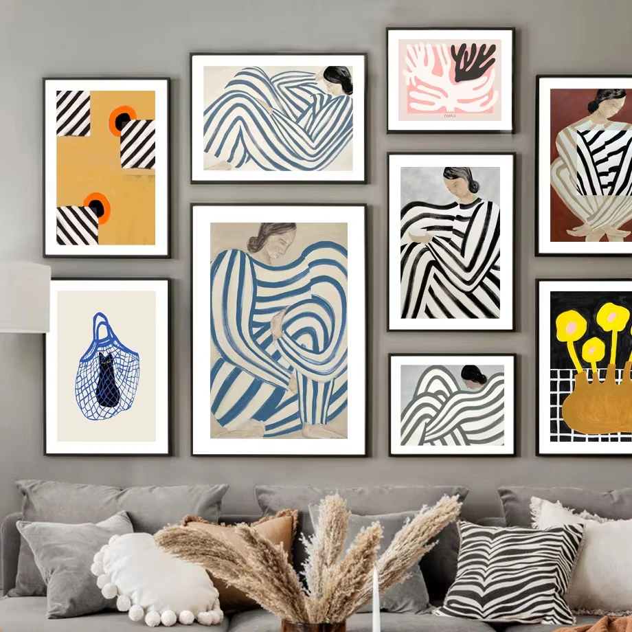 Abstract Line Curve Stripe Clothes Girl Cat Flower Wall Art Print Canvas Painting Modern Nordic Poster Decor Picture For Bedroom