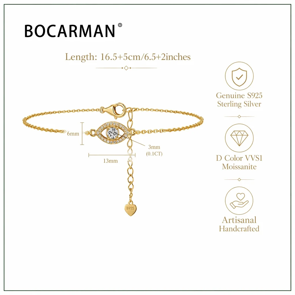Bocarman 14K Gold Plated S925 Silver Evil Eye Moissanite Bracelet | GRA Certified VVS1 Protective Charm Enchanting Sparkle Gift