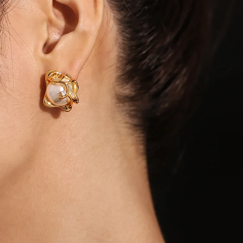 Brass AAA Zircon Real Freshwater Pearl  Earrings Women Jewelry Punk Party Gown Runway rare Boucle d'oreille Korean Japan  Style