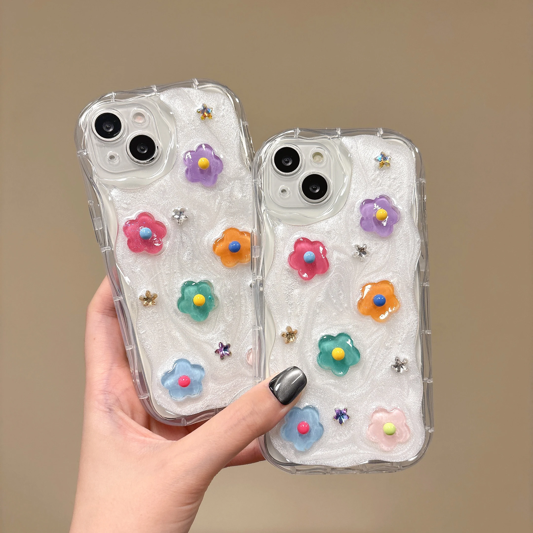 

Back Cover For IPhone 11 13 14 Plus 15 16 Pro Max Case Glitter 3D Dopamine Colored Crystal Small Flower Hard Pc Phone Case