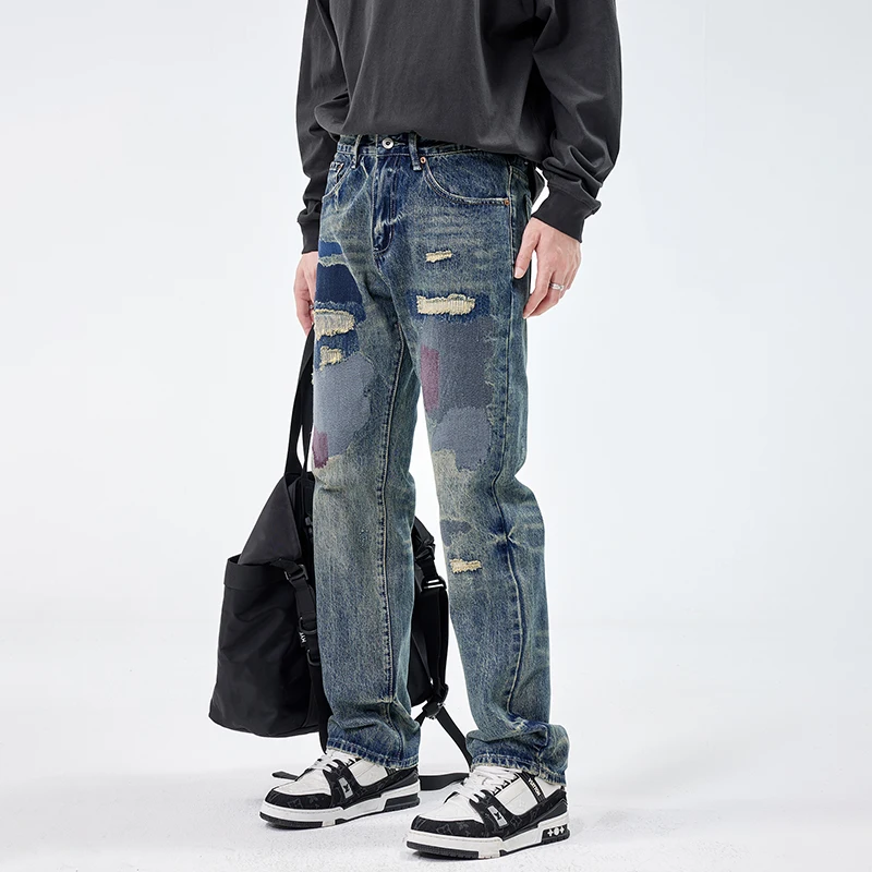 

8632 American style hole patched jeans men's tide washed loose street splash of paint straight trousers men