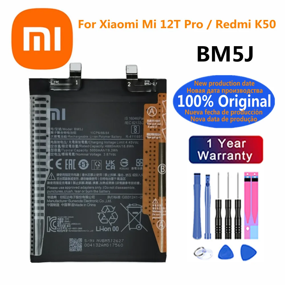 100% New Original BM5J 5000mAh Battery For Xiaomi Mi 12T Pro / Redmi K50 Genuine Mobile Phone Replacement Batteries