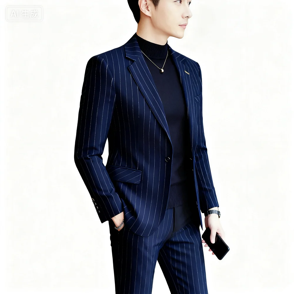 

Elegant Blue Navy Men's Striped Business Blazer Slim Fit Tuxedo Casual Wedding Suit Peak Lapel Single Breasted Jacket