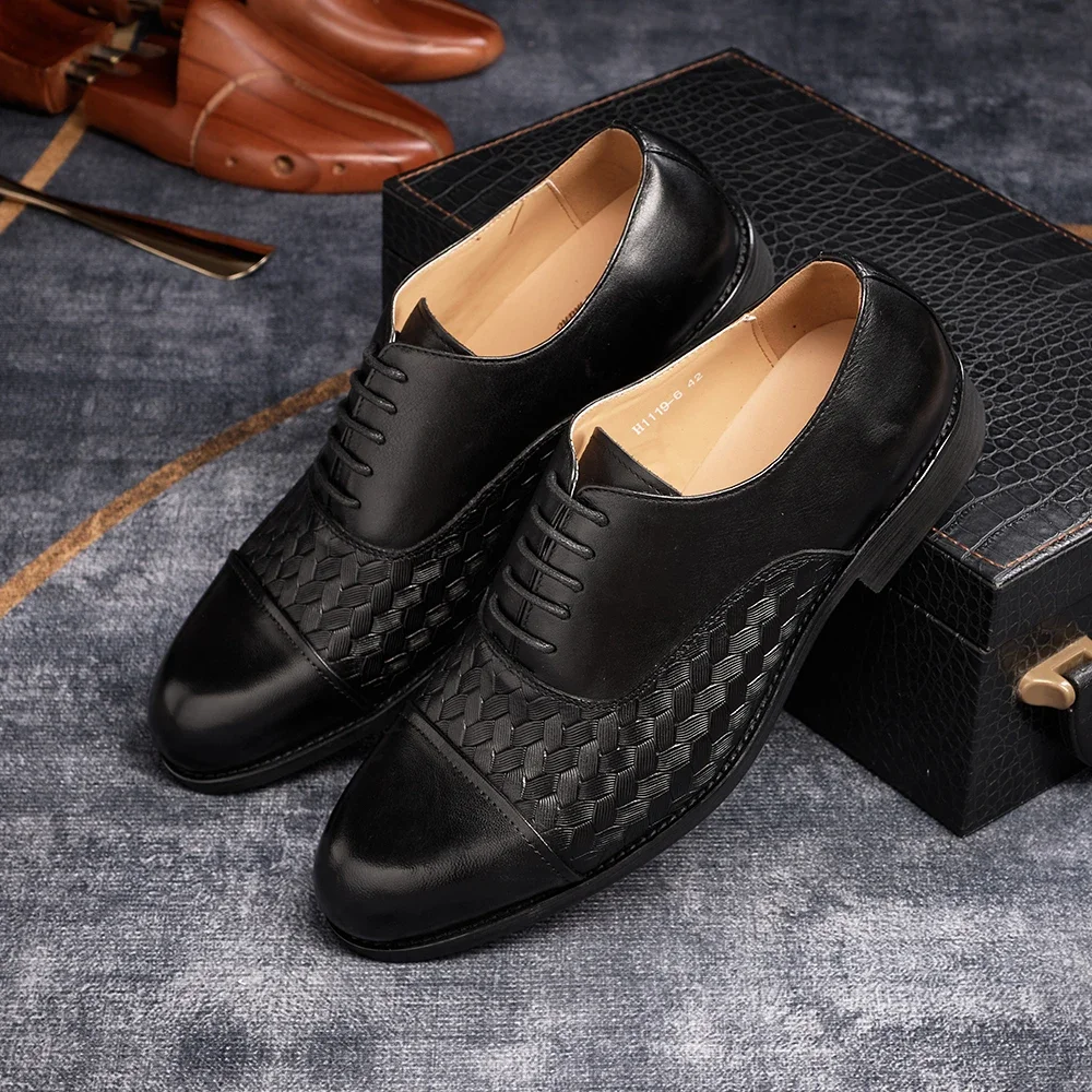 Classic Genuine Leather Men\'s Oxford Shoes Handmade Pointed Toe Checkered Lace-Up Formal Business Dress Shoes for Wedding Party