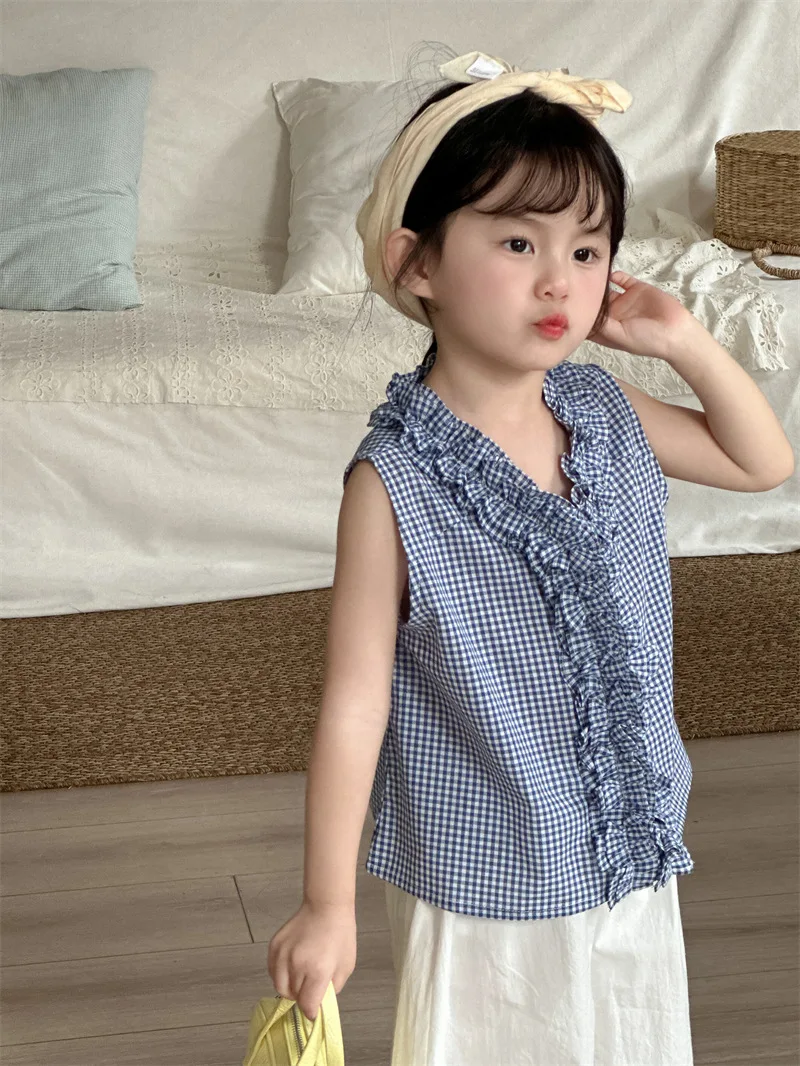 2026 New Summer Baby Girls Plaid Shirts Ruched Sleeveless Tops Korean Style Toddlers Kids Chic Blouses  1-6 Years view 3