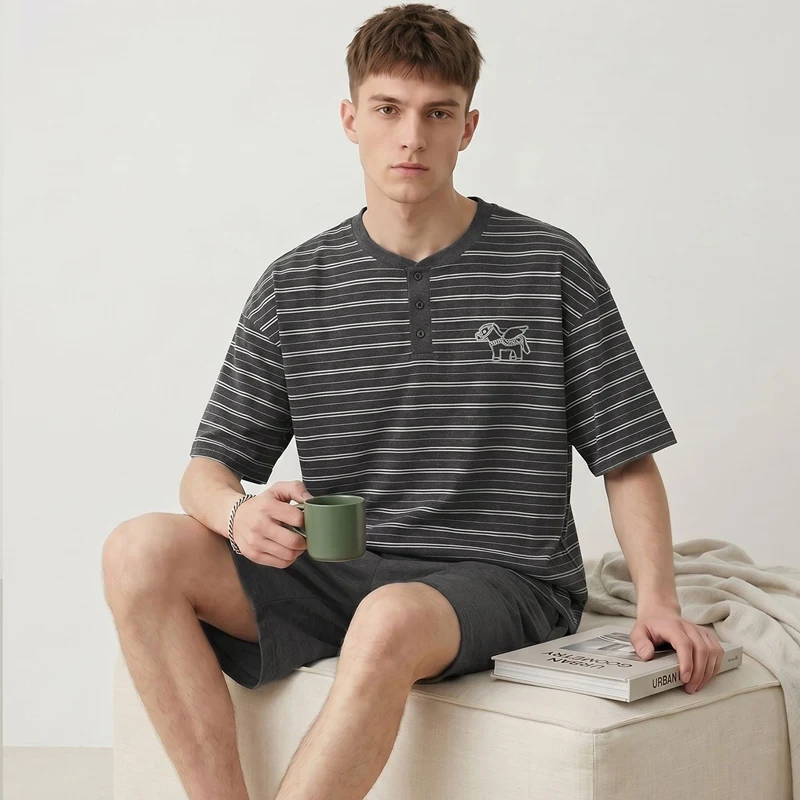 2026 Summer Short Sleeve 100% Cotton Pajama Sets for Men Korean Loose Sleepwear Suit Pyjama Homewear Male Pijama Home Clothes