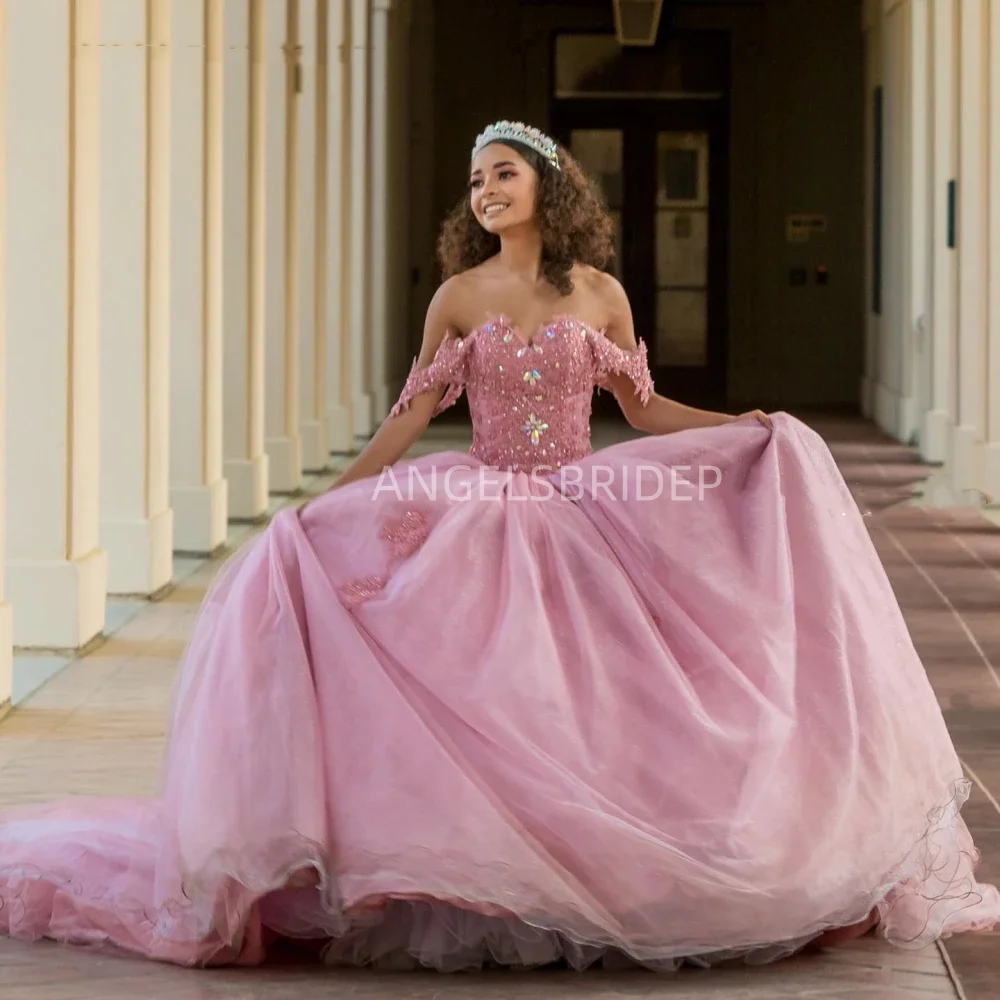 Angelsbridep Princess Pink Sweetheart Ball Gown 15 Year Old Quinceanera Dresses 2025 Glitter Tulle Vestidos De Xv Años