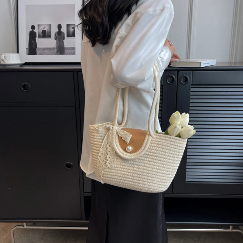 Women's Woven Shoulder Bag New Large Capacity Tote Bag Casual Knit Beach Vacation Handbags Eco Reusable Shopper Pearl Decoration