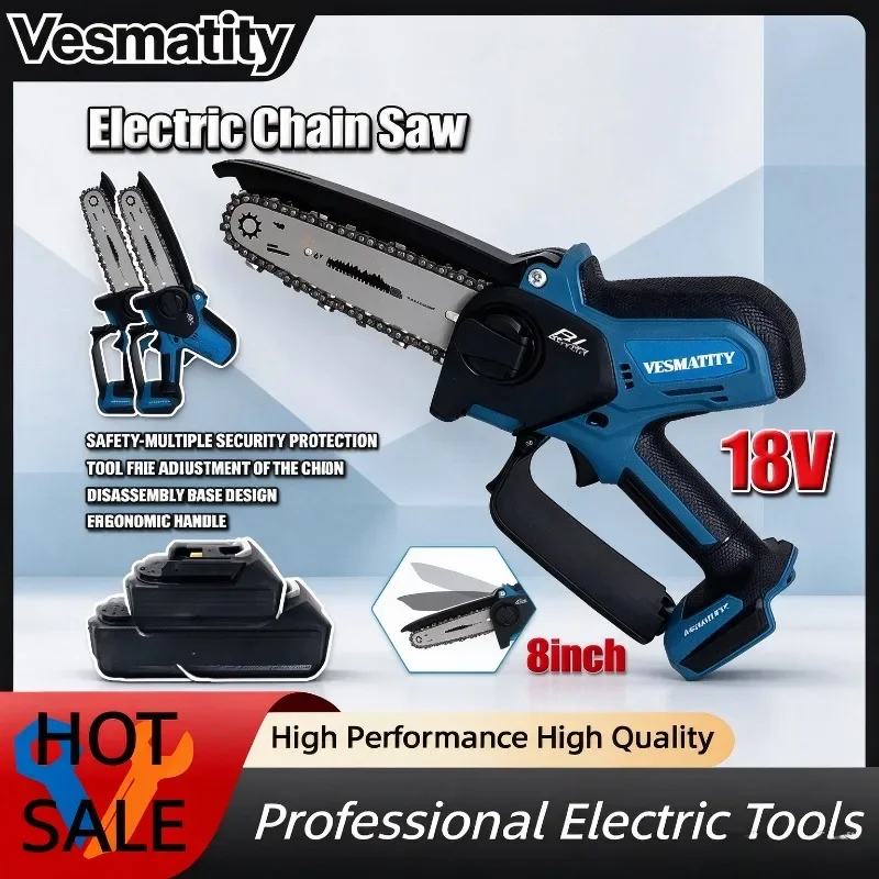 8Inch Chain Saw Electric Saw Handheld Portable Wood Logging Chainsaw Garden Pruning Wood Power Tool For 18V-20V Battery