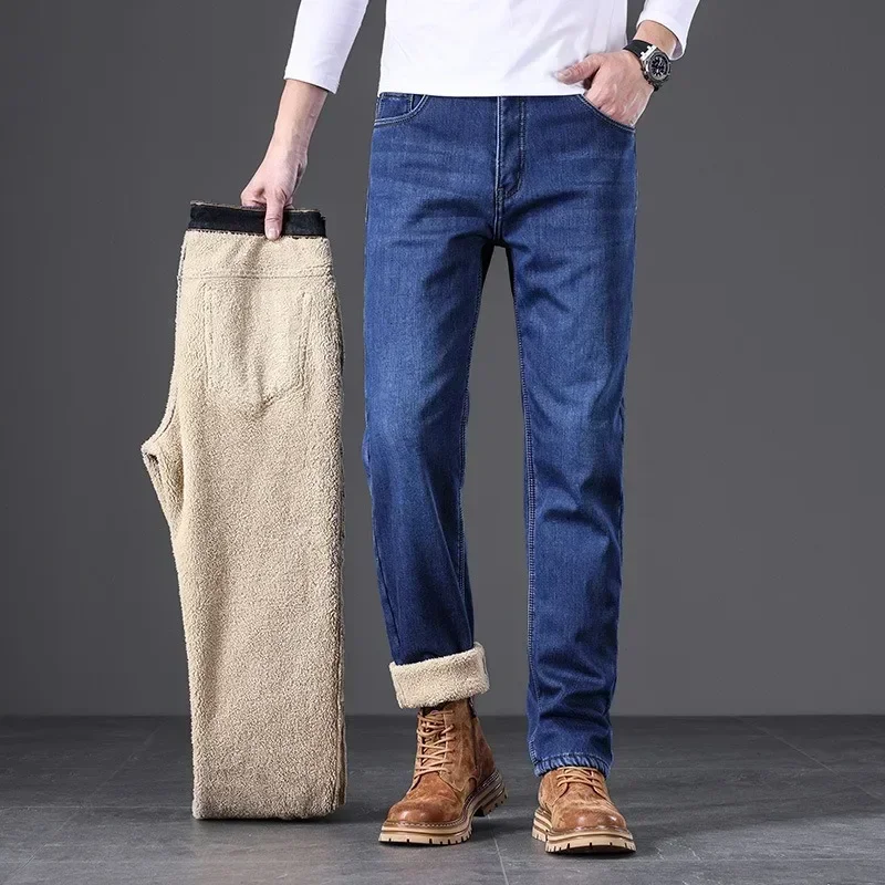 

Мужские зимние джинсы, теплые флисовые брюки больших размеров, морозостойкие утепленные джинсовые брюки 40, 42, черные свободные прямые мужские повседневные классические брюки