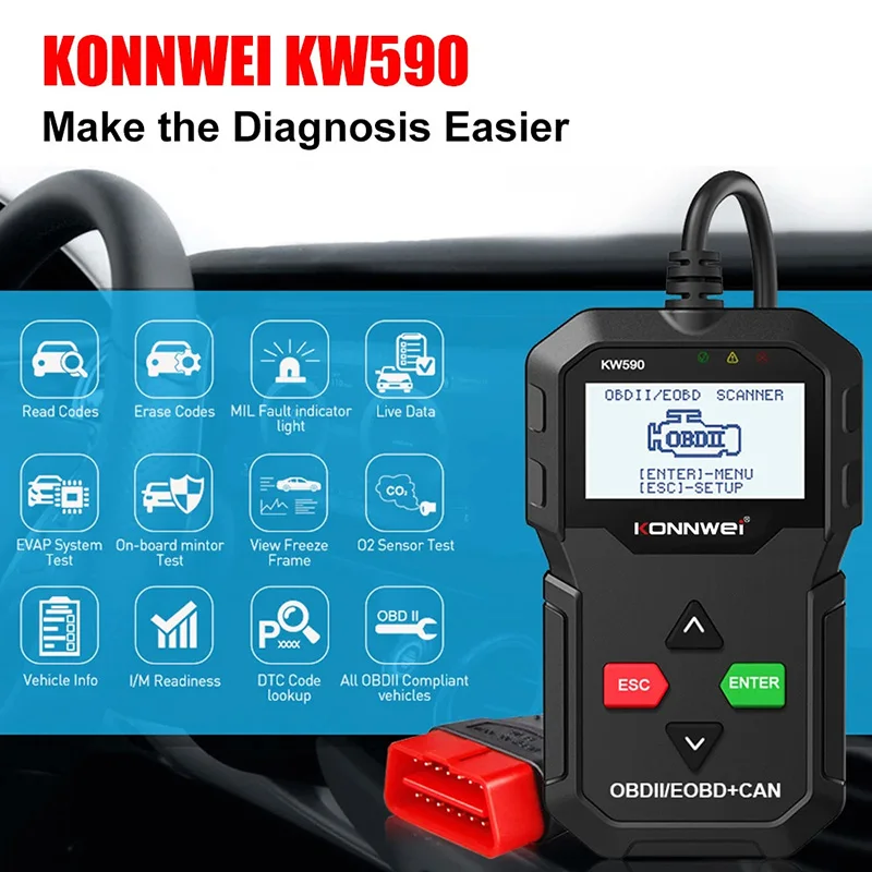 

OBD-диагностический инструмент KONNWEI KW590, автомобильный считыватель кодов, автомобильный OBD2-сканер, поддержка нескольких брендов автомобилей и языков, бесплатное обновление