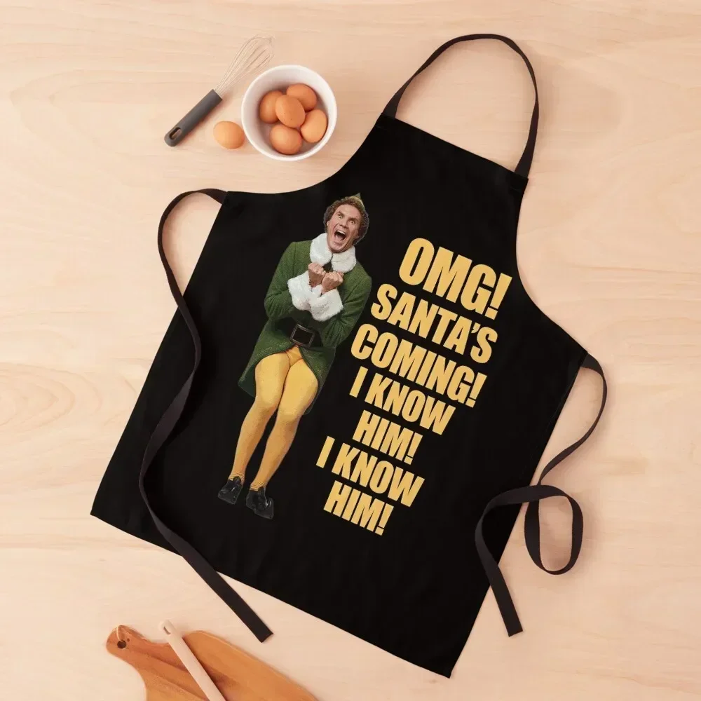 

OMG!! SANTA'S COMING I KNOW HIM!I KNOW HIM!! Elf Christmas Movie Buddy Will Ferrell yellow Apron Kitchen Supplies Apron