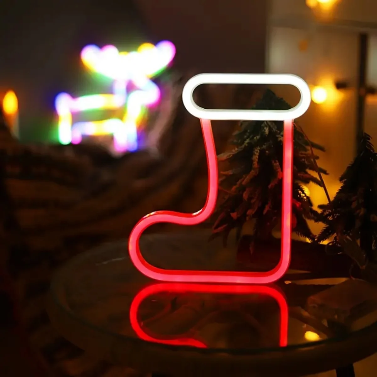 1pc Christmas Neon Light With Christmas Sock/Elk Pattern Lights Sign Battery Powered/USB Wall Hanging Night Light For Home Decor