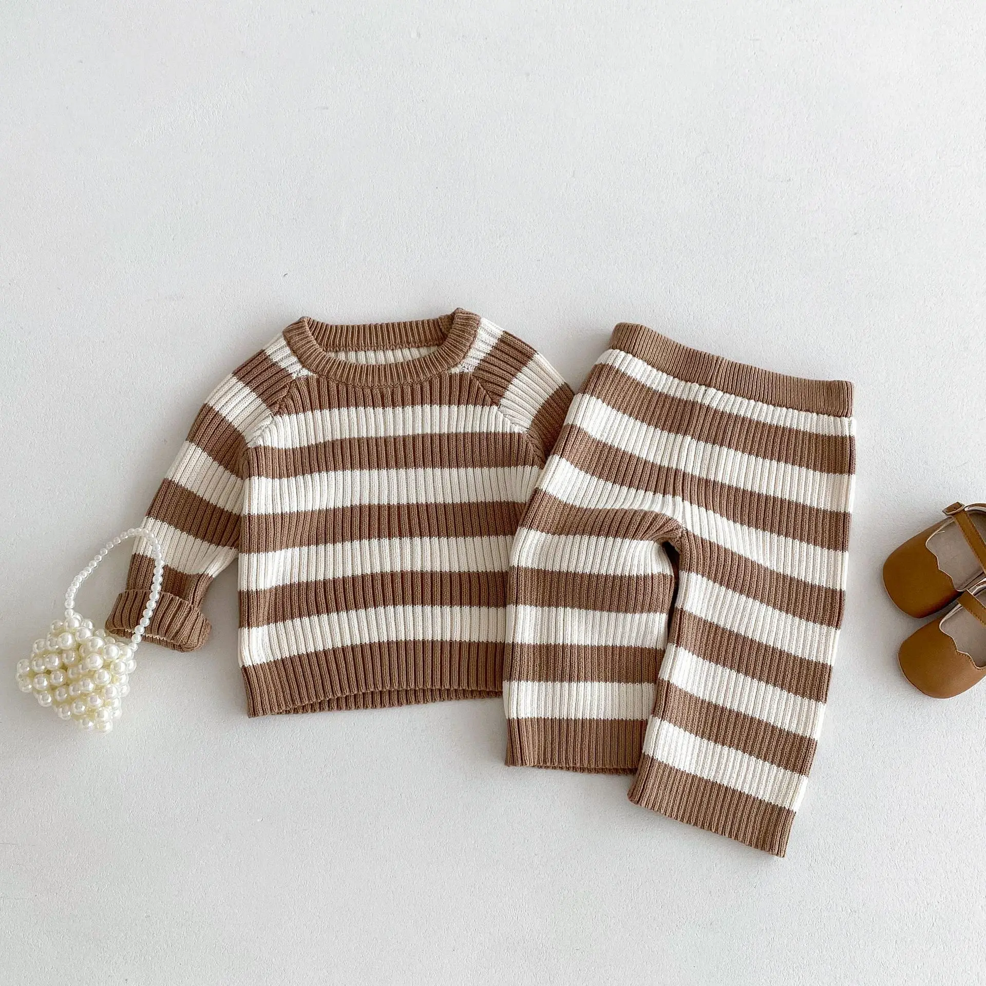 2024 Autumn New Children Long Sleeve Striped Knitted Set Boys Girls Pullover Sweater + Pants 2pcs Suit Kids Baby Casual Outfits