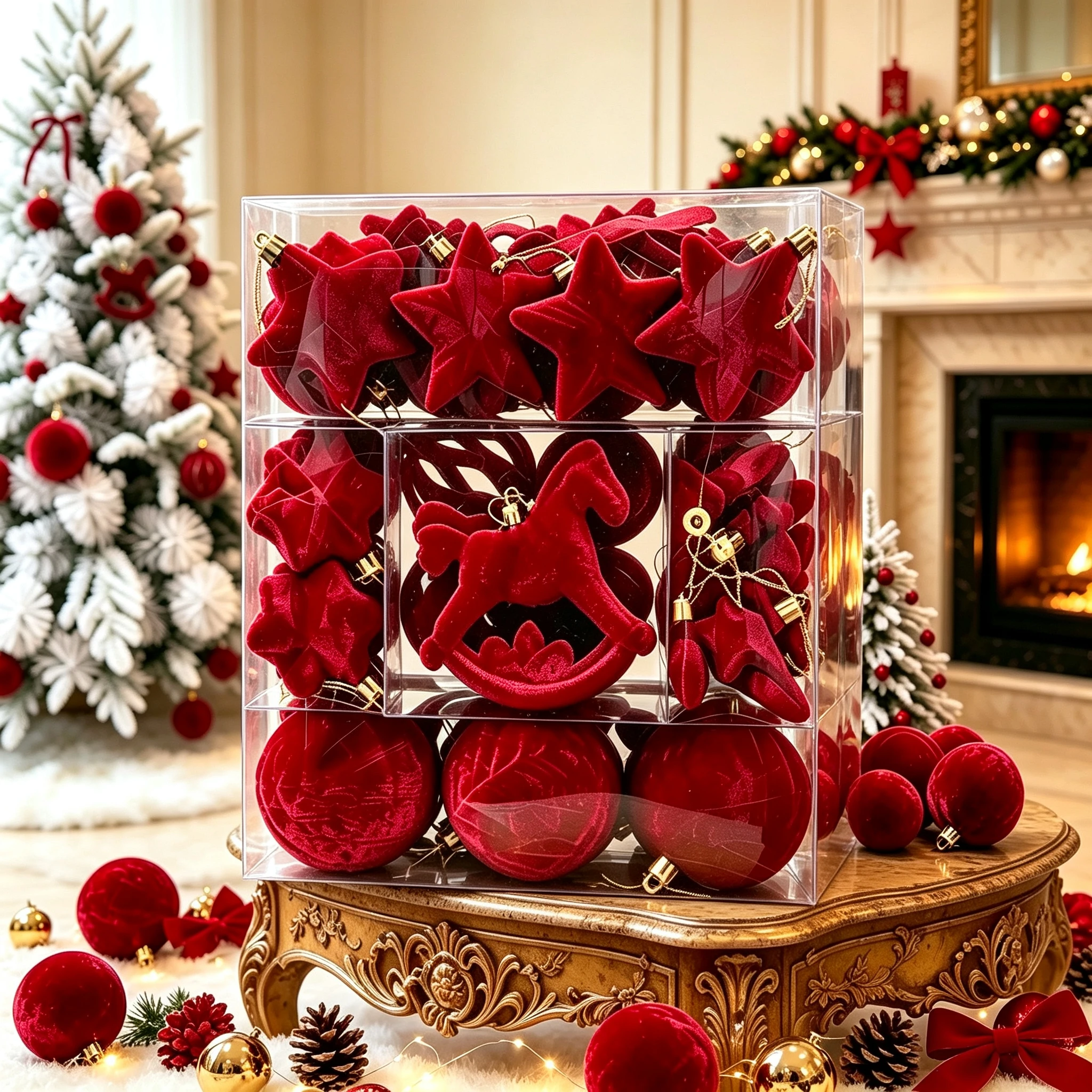 Red Velvet Christmas Ornaments Set Multi-Shape Flocked Xmas Tree Hanging Balls Star Rocking Horse Bow Pendant New Year Decoratio