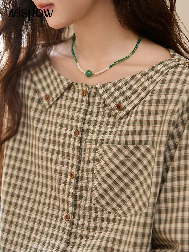 MISHOW المرأة قمصان عادية القطن الخريف الجانب الشق جيوب قمصان مربعة النقش تخفيف أنيقة شيك امرأة مع حزام MXE44X2469