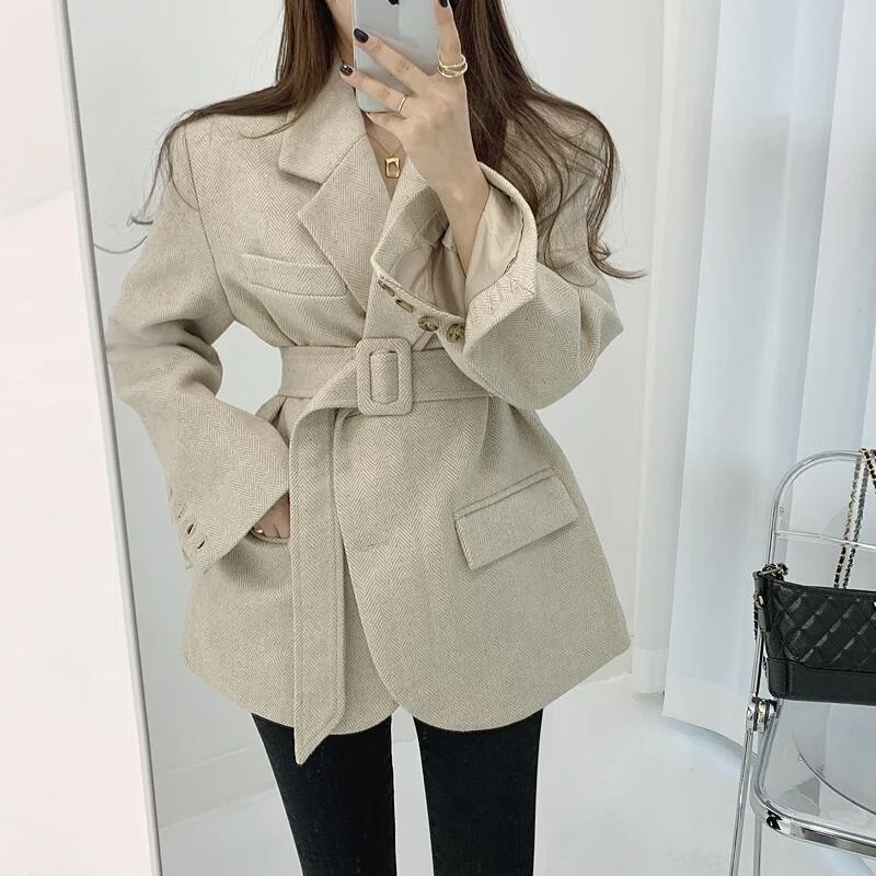 Traje adelgazante grueso ceñido con cintura con lazo de estilo coreano, abrigo de lana, ropa de mujer, abrigo de invierno, traje informal holgado para ir al trabajo, Blazers