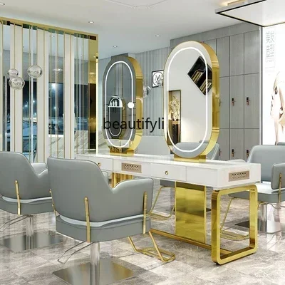 

13Barber Shop Hair Salon Hair Salon with Socket Hot Dyeing with Light Stainless Steel Floor Dressing Table