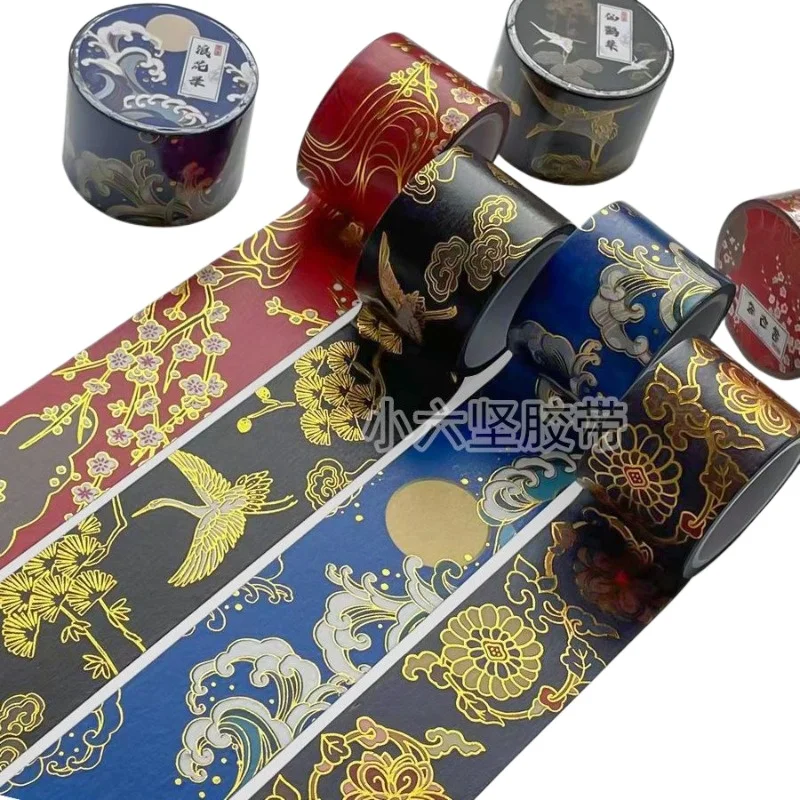 Japanese Retro Chinese Style Gold Foil Washi Tape with Crane & Wave Design for DIY Scrapbooking, Gift Box Decorations