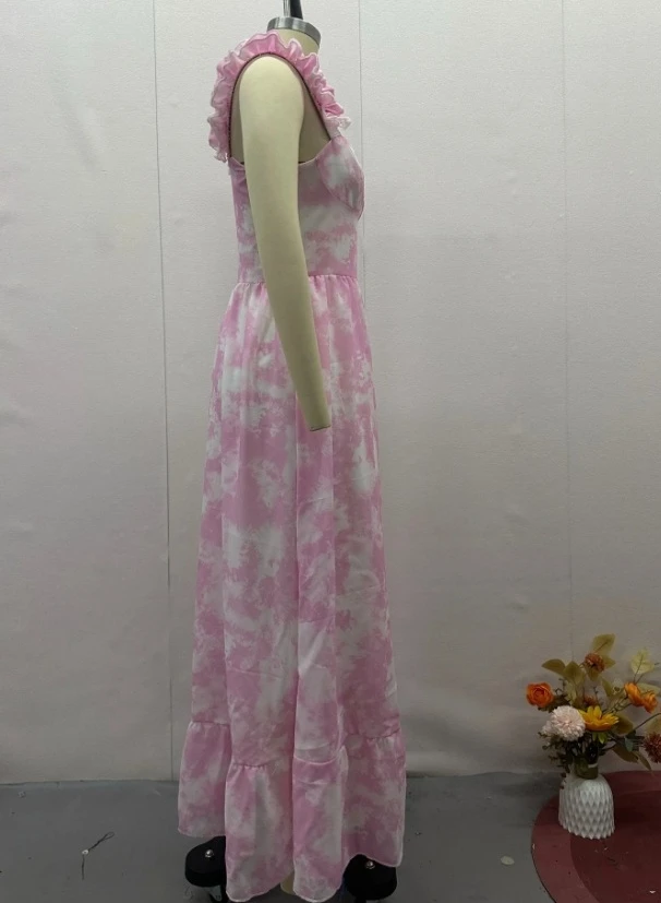 Vestido francés para mujer, moda dulce, teñido anudado, estampado, cintura alta, ajustado, diseño de volantes, tirantes, sin mangas, corte en A, Maxi vestidos