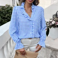 2025 otoño elegante volantes Trim Camisas primavera Mujer manga larga suelta Tops guinga Casual volantes puños Camisas Mujer