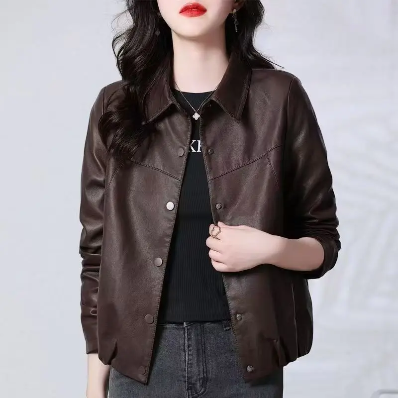 New Women's Faux Leather Jacket Lapel Collar Long Sleeve Stylish Slim Fit Comfortable Trendy Versatile Casual Daily Wear Jacket