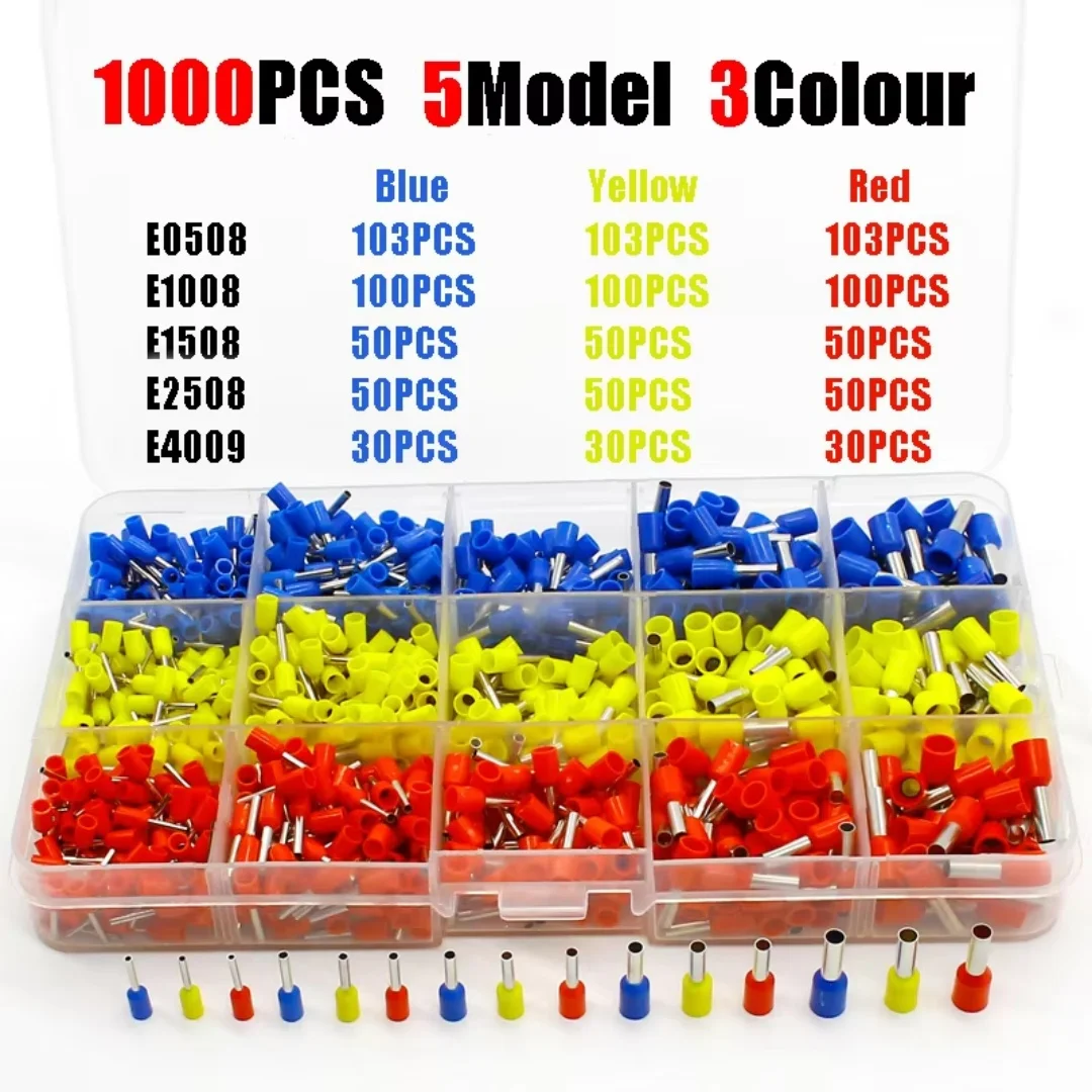1000pcs 5 models 3 colors boxed tube type cold pressed terminal block combination
