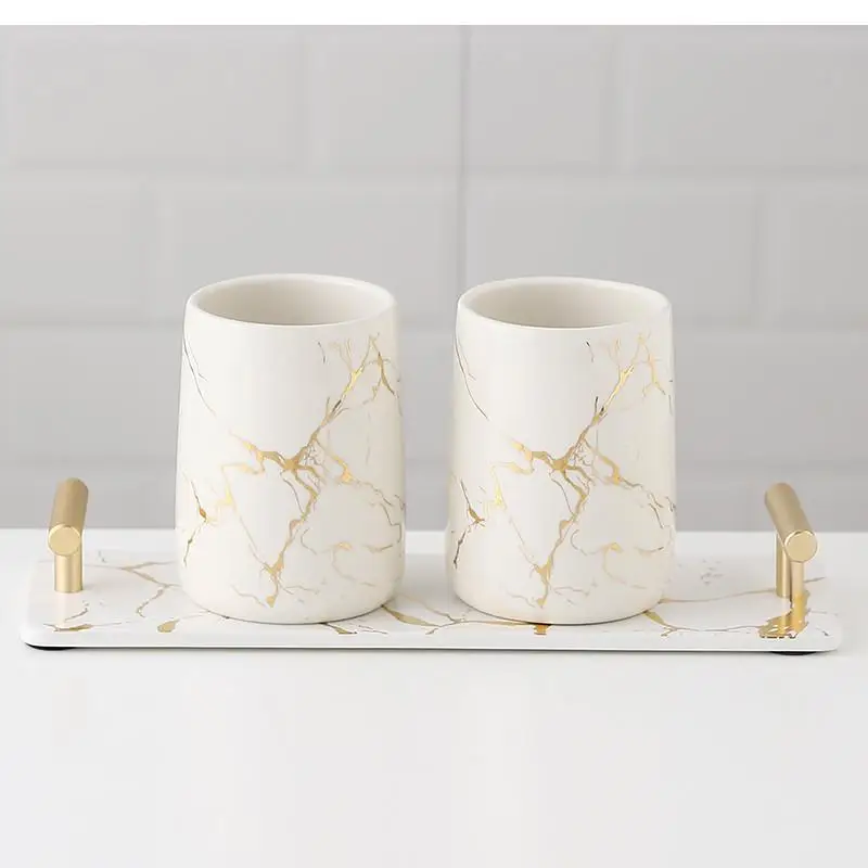 Golden Marble Ceramic Bathroom Decoration Accessories Soap Dispenser Toothbrush Holder Dish Aromatherapy Bottle