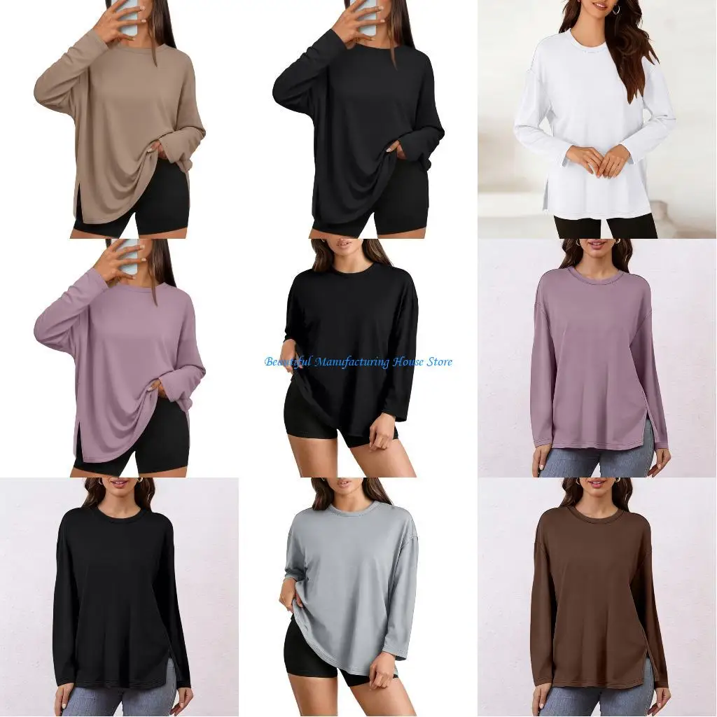 

E56A Oversized Side Slit Tshirts for Women Long Sleeve Workout Tops Fall Fashion Gym Casual Tees Basic Clothes