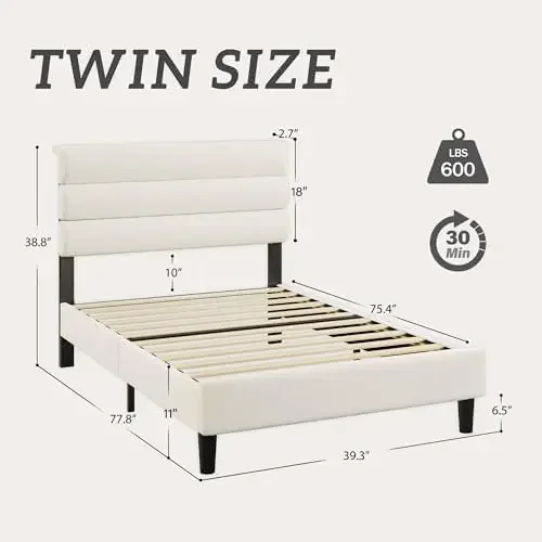 Twin Bed Frame, Platform Bed Frame with Velvet Upholstered Headboard, No Box Spring Needed, Sturdy Metal Support, Noise