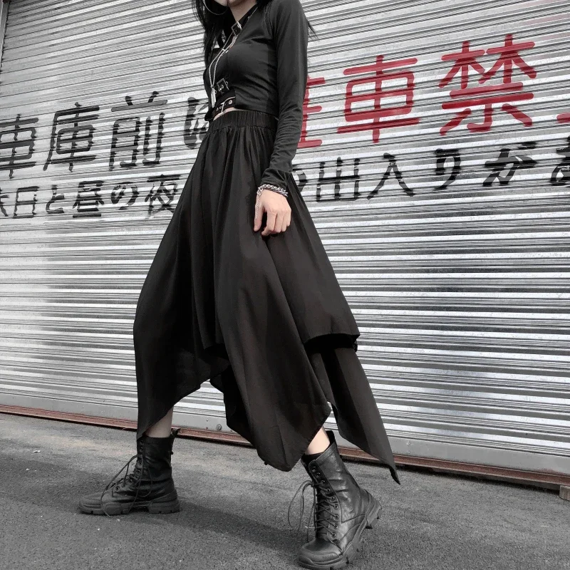 Harajuku Skirt Dark Black Irregular High Waist Goth Gothic Black Long Vintage Korean Skirt Punk Style Women Clothing