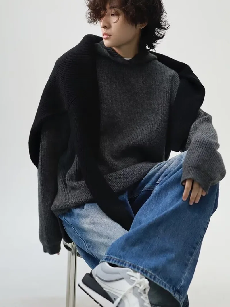 2026 Autumn Winter Simple Solid Color Knitted Men's Hoodie Tops Korean Fashion Casual Loose Hooded Sweatshirt Coats Streetwear