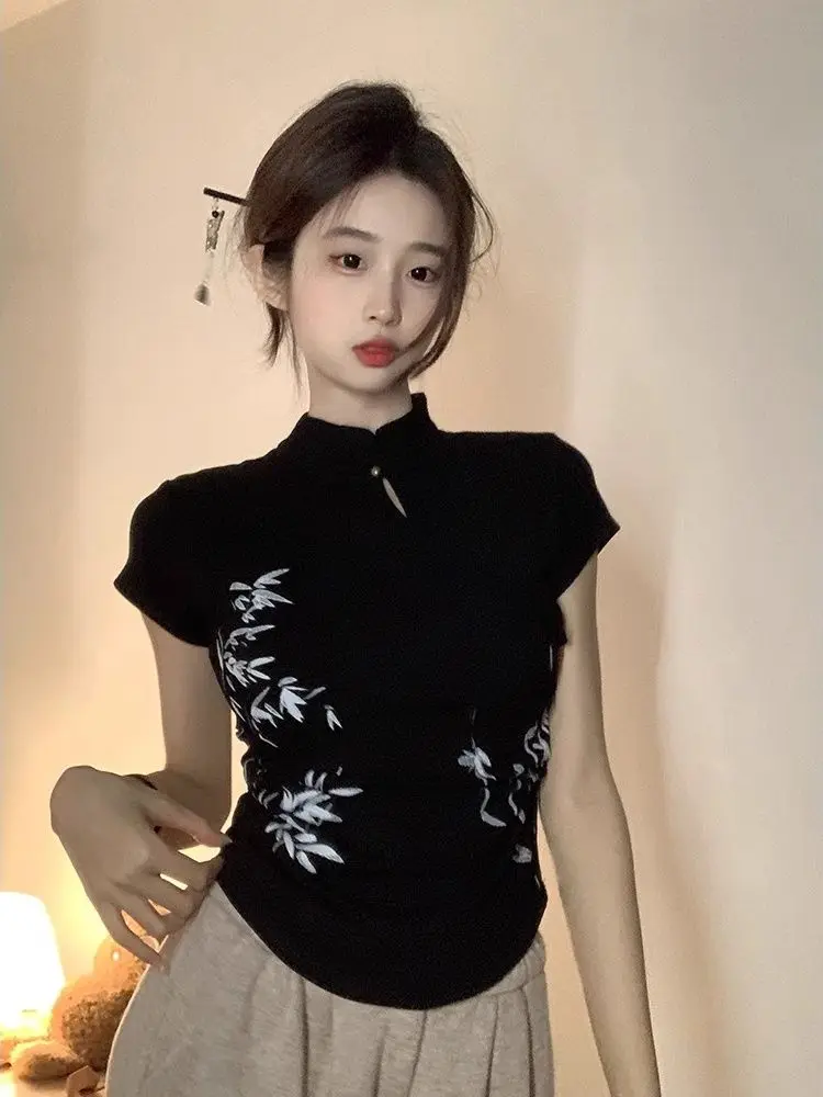 Stand-alone Short-sleeved Top for Summer New Ink and Bamboo Print Slim and Slim Cotton Versatile Pullover