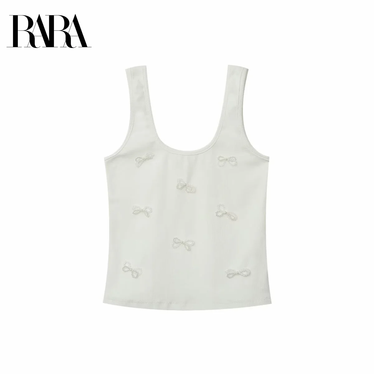 

RARA Women's Summer New Imitation Pearl Rhinestone Bow Decorated Casual Elegant Sweet Sleeveless Vest Top